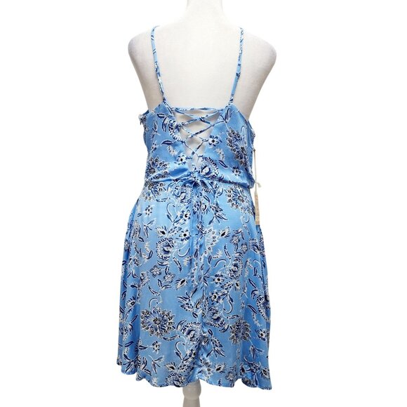 Blue Floral Halter Neck Sleeveless Midi Dress With Lace-Up Back Size M - Picture 2 of 10